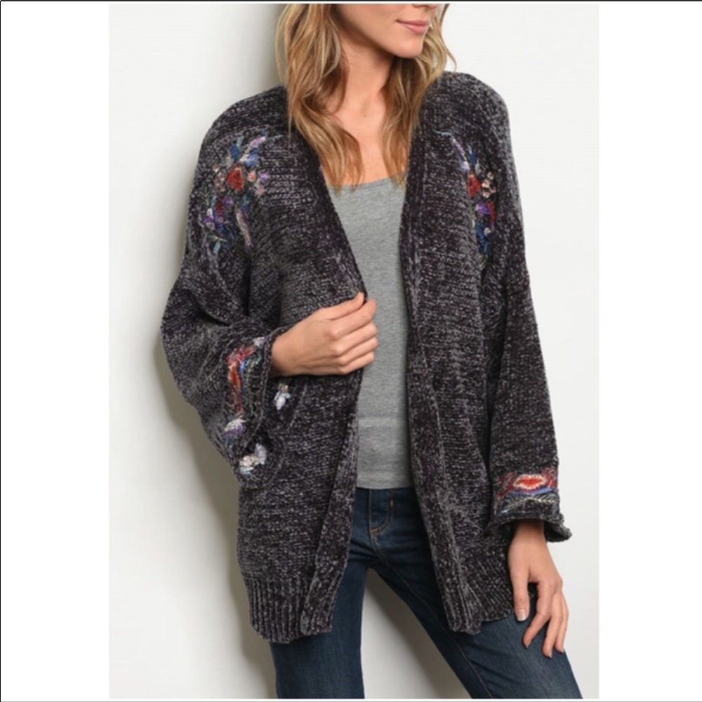 Last Floral Embroidered Chenille Cardigan